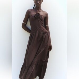 NWT ZARA BROWN POPLIN DRESS WITH FLOWER